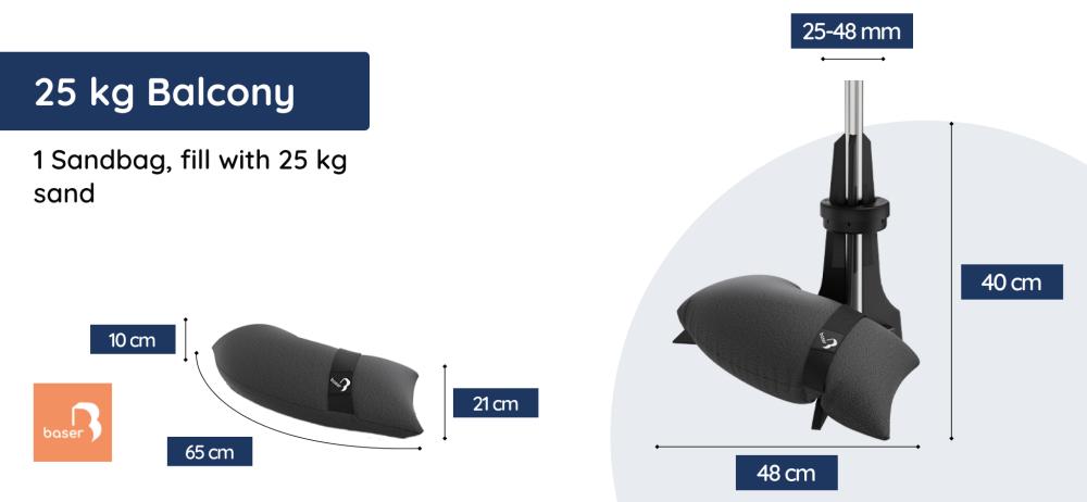 Measurements for Baser Balcony Parasol Base – 25kg