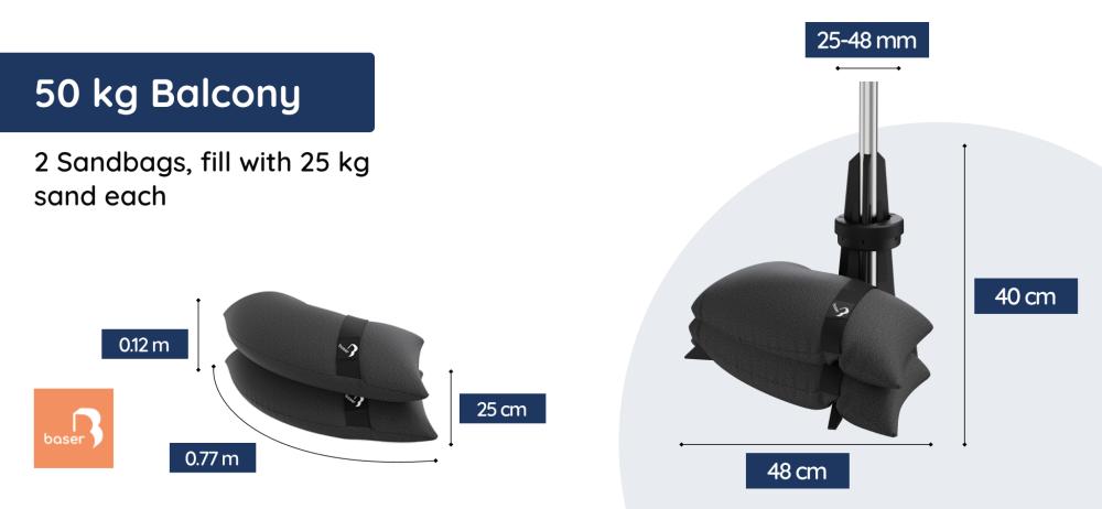 Measurements for Baser Balcony Parasol Base – 50kg